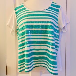 Bay Studio T-shirt Tee Top sequin stripe green white jersey scoop neck casual XL